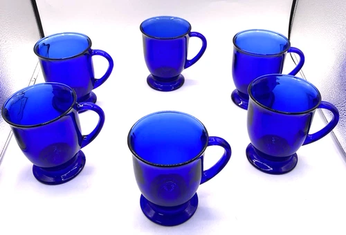 Set of 6 ~ Anchor Hocking Cobalt Blue Glass Footed 16oz Coffee Mugs, Made In USA