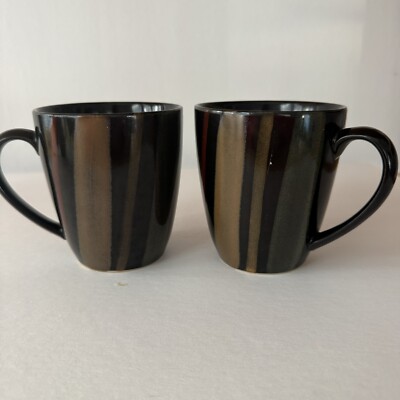 Sango Avanti Black 4721 Coffee Tea Mugs Cup 12 OZ Black Brown Vertical  Stripes