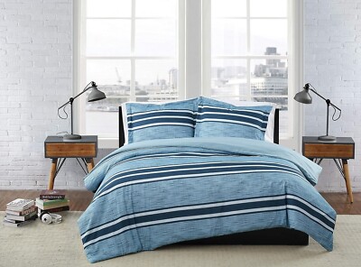 London Fog Full/Queen 3 Pc Duvet Set New Blue Stripe Super Soft Hypo Allergenic
