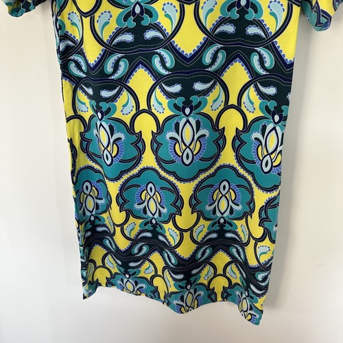 Elm Womens Dress 8 Blue Yellow Print Knee Length Round Neck Zip Shift - Picture 3 of 7