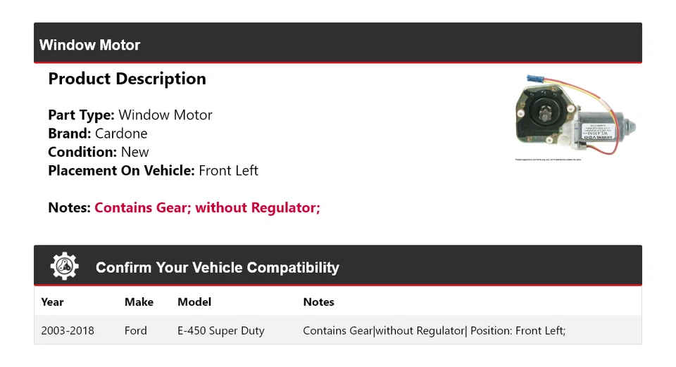 Ford E-450 Super Duty 2003-2018 ventana motor delantero izquierdo cardone 2004 2005 Foto 2 de 4