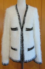 olivia m. Womens Fuzzy White,black,gold KNIT sweater Acrylic Rayon sweater~L/XL