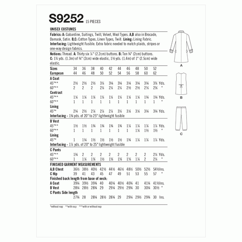 SIMPLICITY 9252 UNISEX HISTORICAL COSTUMES Sewing Pattern Sizes 34-42 & 4-52 - Picture 2 of 5