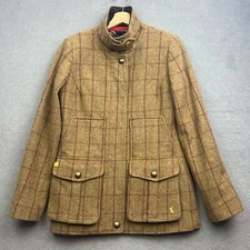 JOULES Field Coat Women UK 10 Brown Jacket Tweed Wool Country Plaid Tartan Holk