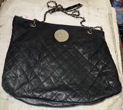 DKNY Shoulder Bag Womens Large Black Leather Quilted Chain Strap Zip Purse
