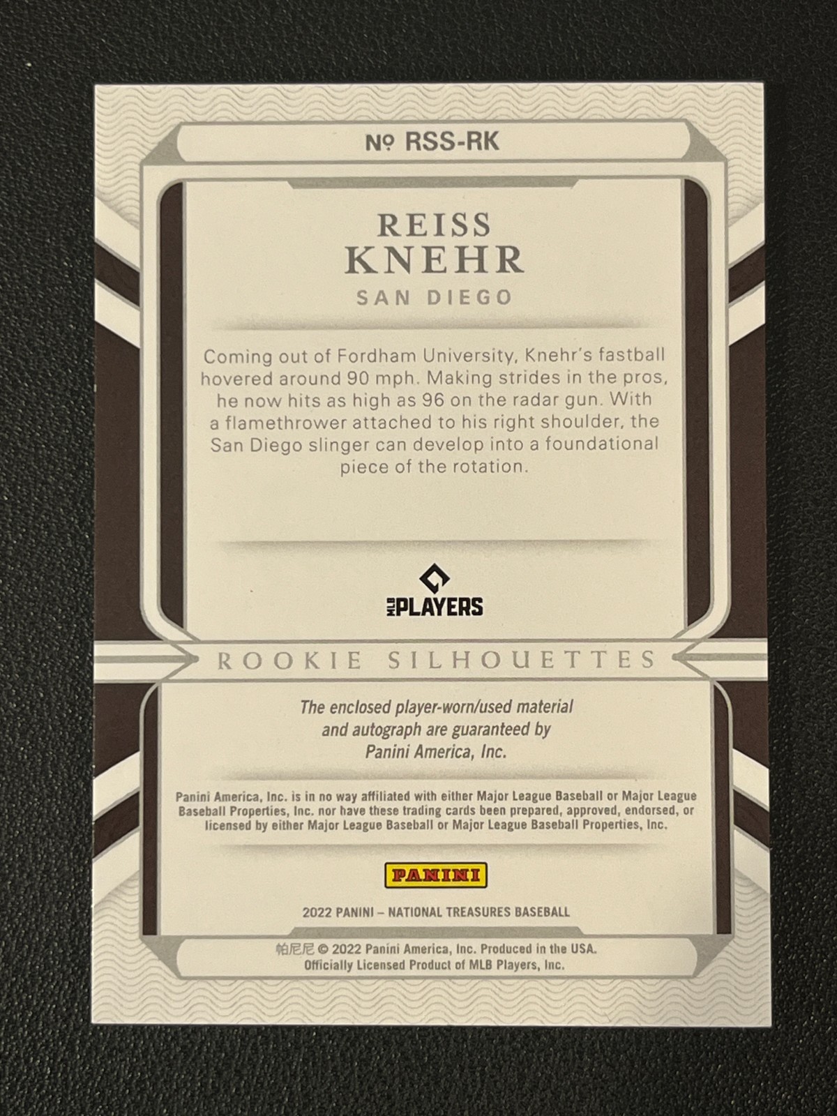 Reiss Knehr 2022 National Treasures Auto Relic Patch Rookie /99 RPA  Padres view 2