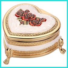 Vintage Metal Jewelry Box Heart Shape Trinket Box with Flower Carved Gold Tre...