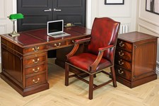 Antique Mahogany Pedestal Partners Leather Top Desk, Captains Chair & Cabinet