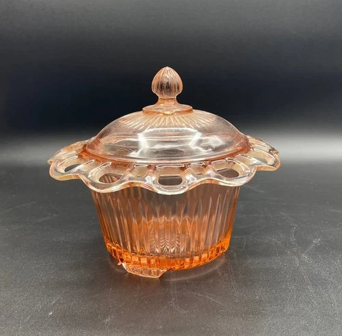 Anchor Hocking Old Colony Lace Edge Pink Depression Glass Covered Candy Dish