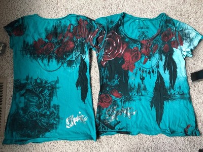 NWT WOMENS ARCHAIC BY AFFLICTION GREEN SHIRT W/RED ROSES BLACK FEATHERS SIZE M