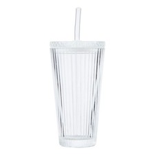 21oz Ribbed Glass Tumbler with Glass Lid and Straw Insulated Cup