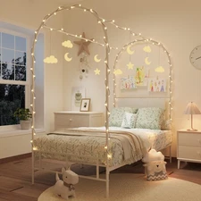 Kids Canopy Bed Frame with Headboard & Footboard, Upholstered Twin Bed Frames...