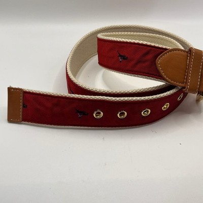 J.McLaughlin Red Canvas Belt with Equestrian Motif Gold Buckle Mens Size M