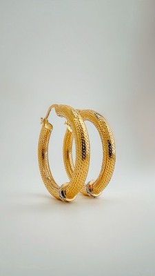18K Solid Gold Diamond Hoop Earrings   Textured Gold Hoops 33mm, Real Diamond