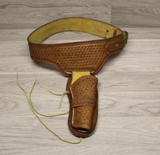 Vintage Reyes Tooled Leather Ammo Belt With C22 C38 Revolver Pistol Holster
