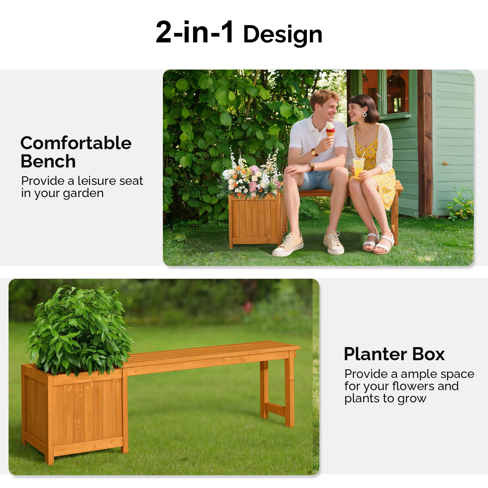 Outdoor 2in1 Wood Bench with Raised Garden Bed Planter Box with Open-Ended Base