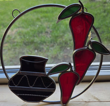 Red Green Stained Glass Chili Pepper Suncatcher Glass Metal 7 in Window Art