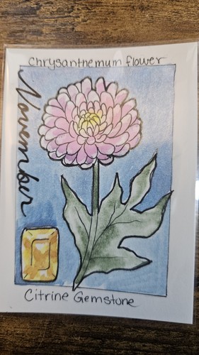 Aceo Original Watercolor November Birthday Flower And Birthstone,RoDraws