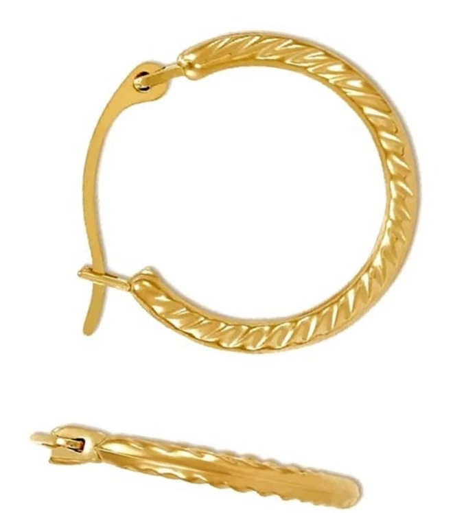 10k Gold Round Hoop Earrings Petite 15 mm Ribbed Pattern Stamped NEW in BOX - Image 2 of 4