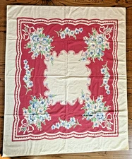 VINTAGE Floral Bouquet Picnic Tablecloth Cotton 42"x 50" Red, Blue, Pink, Green