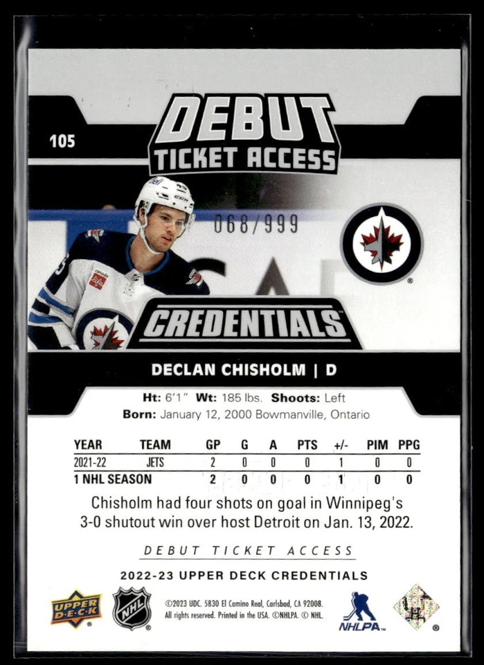 2022-23 Upper Deck Credentials Debut Ticket Access #105 Declan Chisholm /999 RC - Image 2 of 2