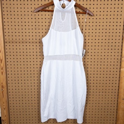 Bebe White Mesh Panel Halter Bodycon Dress Womens Medium Mock Neck Mini Dress