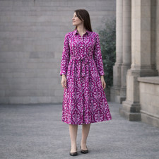 Talbots Cotton Shirt Dress Purple Pink Floral Button Front Tie Waist 12