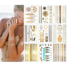 12 Metallic Gold Henna Temporary Tattoos Mandala Tattoos Feathers Dream Catcher