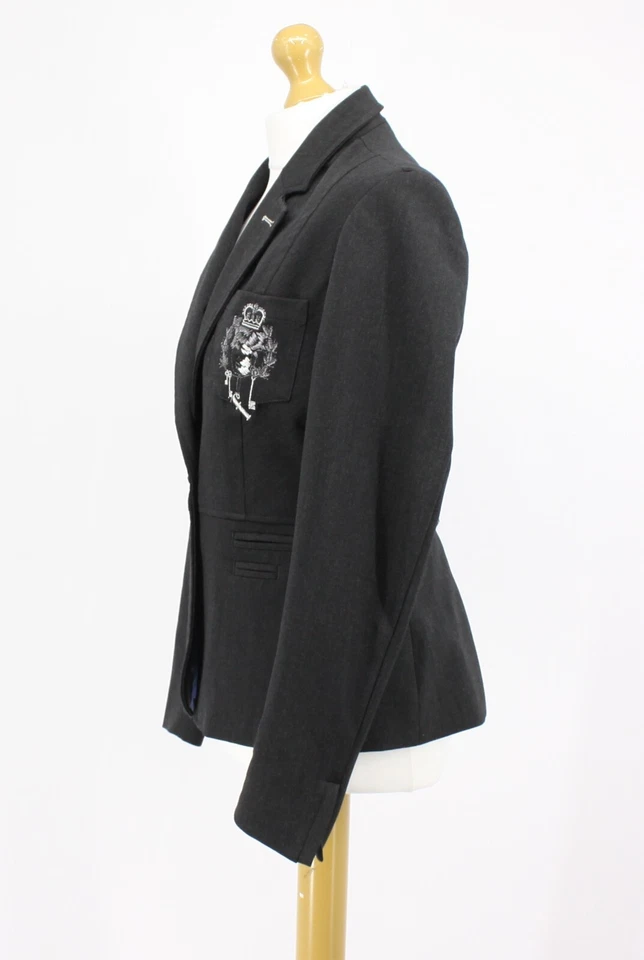 FIRETRAP WOMENS LUDOVICA WOOL  BLEND EMBROIDERED LOGO CHARCOAL BLAZER - Image 2 of 4