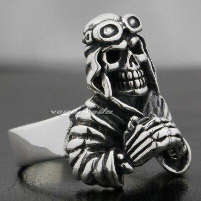 silver925 パイロットスカルリング 925 Sterling Silver Black CZ Stones Pilot Skull Ring Biker