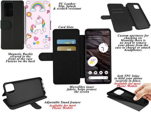 Unicorn/Rainbow Pink iPhone/Pixel/Galaxy Printed Flip/Wallet Phone Case (A) - Picture 2 of 9