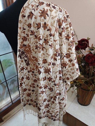 KASHMIRI CREWEL EMBROIDERED SHAWL 100% CASHMERE OFF-WHITE PASHMINA SCARF 30x76in - Picture 2 of 6