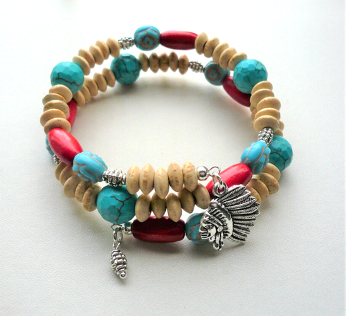 Native American INSPIRED Wrap BRACELET Memory Wire Howlite Wood Bead KCJ4358 - Picture 2 of 4