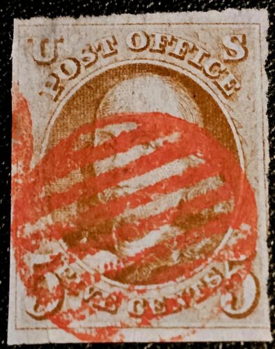 US STAMP SCOTT #1-1847 5c Franklin /  RICH  RED GATE CANCEL/ EDGE FAULT CV=500 - Picture 1 of 3