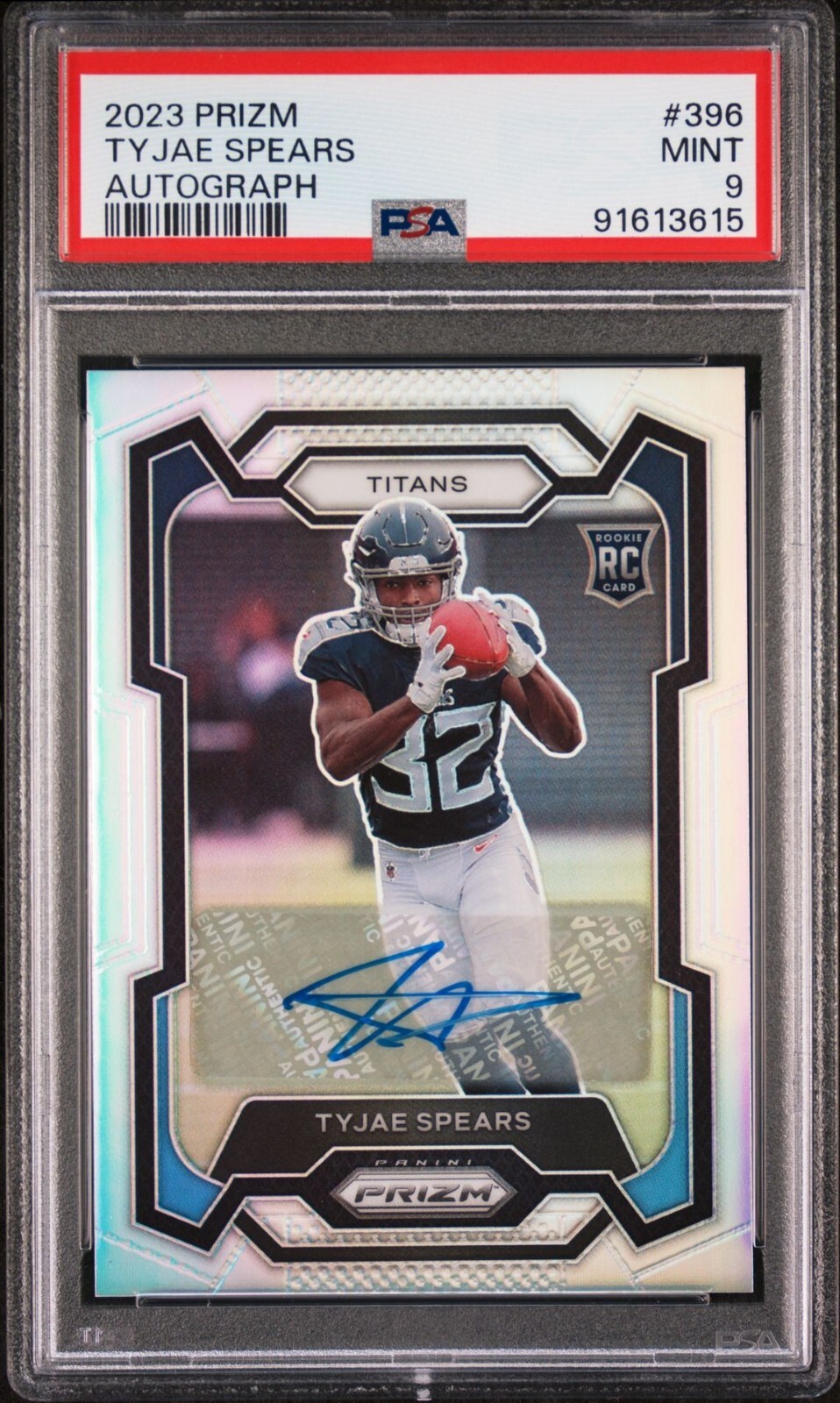 2023 PANINI PRIZM 396 TYJAE SPEARS SILVER AUTO TENNESSEE TITANS RC PSA 9 MINT