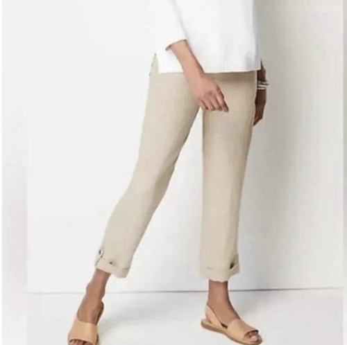 J. Jill Women’s Medium Linen Blend Roll Tab Hem Elastic Waist Flax Crop Pants