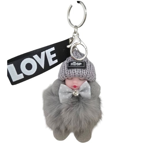 Schlafpuppe Schlüsselanhänger Anhänger Taschenanhänger Fell flauschig Schlüsselring Farbe Grau - Bild 1 von 6