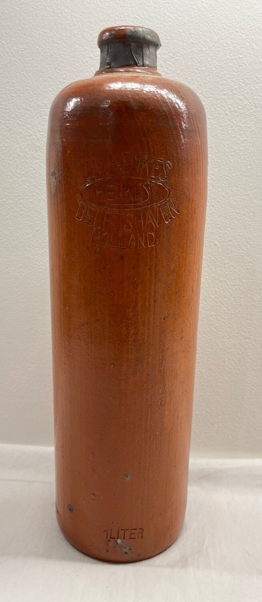 Antique J.H. Henkes Delftshaven Holland Gin Stoneware Jug Labels
