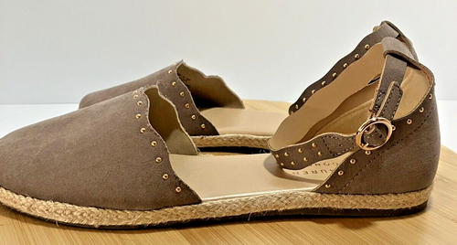 NEW LAUREN CONRAD Womens Ankle Strap Flat Espadrille Taupe Gold Stud SZ 7.5 M