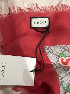 GUCCI ベルベットスカーフ 赤色 Authentic Gucci Red/Brown Modal/Silk Monogram GG Apple Printed