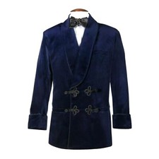 Men's Blue Midnight Dinner Party wear Velvet Smoking Jacket with Shawl Lapels
