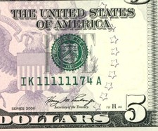 (( TRINARY - 6 IN A ROW )) $5 2006 (GEM) (11111174) FANCY SERIAL # CURRENCY