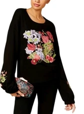 I.N.C Womens Floral  Embroidered Knit Sweater Black 1X NWT 