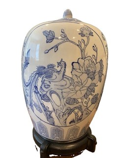 Large 16” Vintage Blue & White Porcelain Lidded Temple Jar Or Urn W Bonus Stand