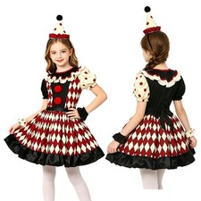 Kids Girls Cosplay Glossy Clown Costume Polka Dot Dress Photoshoot With Hat Set