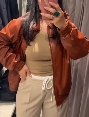 ZARA BRICK  BROWN FAUX LEATHER EFFECT BOMBER JACKET 4391/715  SIZE XS VIRAL