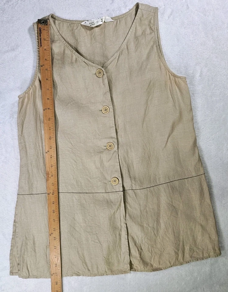 Top Max Studio Leon Max sin mangas 100 % lino beige con aberturas laterales abotonadas talla M Foto 4 de 4