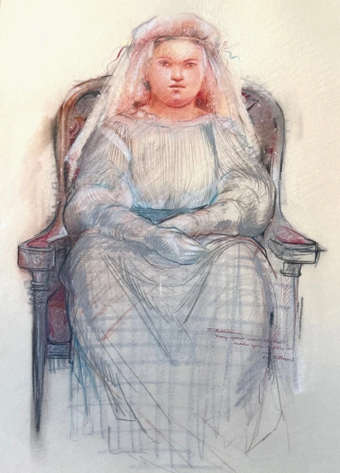 RETRATO DE NOVIA JOVEN Firmado Dibujo Original, Vestido Estilo Victoriano Mujer Sentada Foto 3 de 4