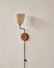 Vintage Teak Wood Modern Wall Lights Mid Century Sconce Handmade White Pair