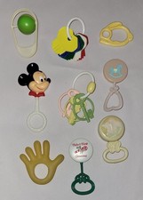 Vintage Lot Of 9 Baby Rattles And Teethers , Mickey Mouse, Keys, Rattle